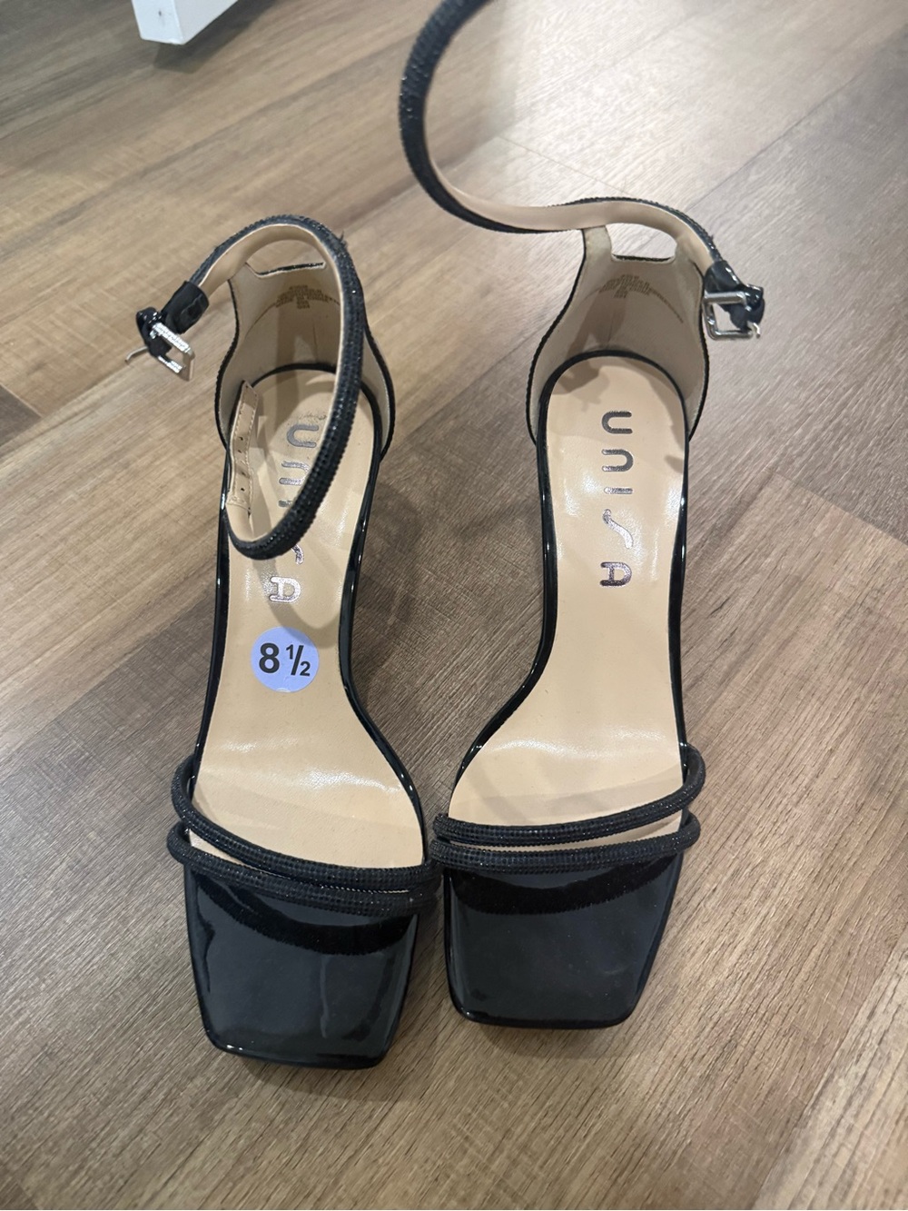Unisa Black Patent Square-Toe Ankle-Strap Heels